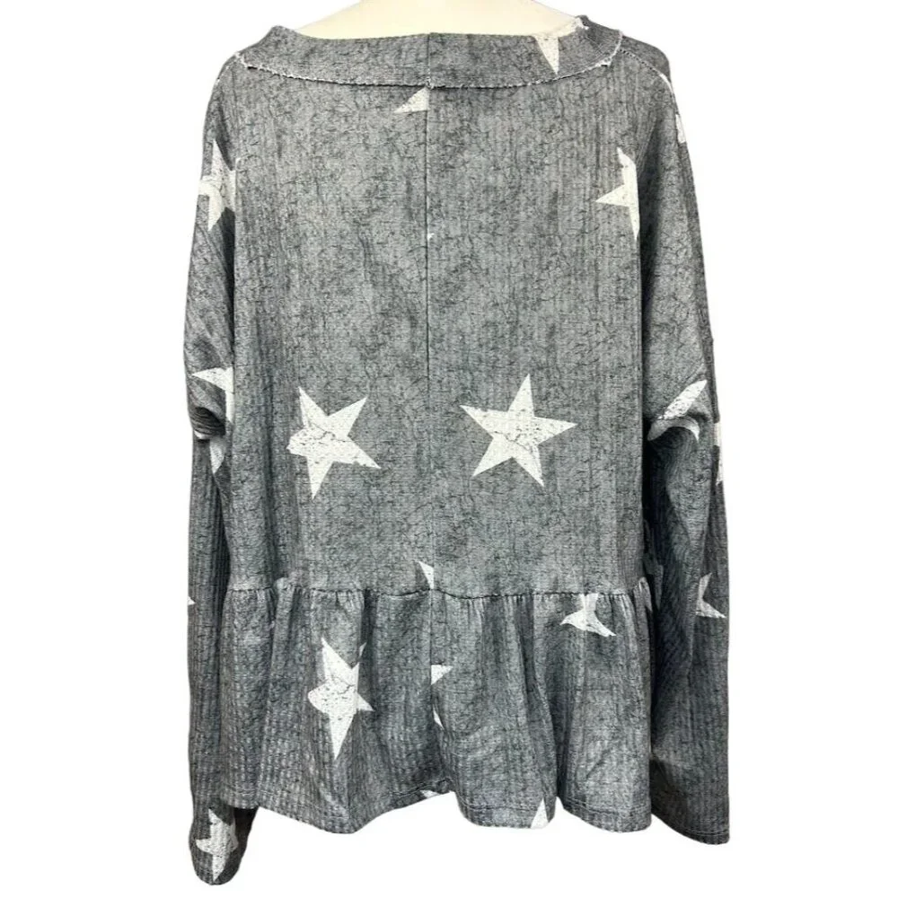 Altar'd State Gray and White Star V-neck Ruffle Bottom Top Size M‎ - Picture 5 of 6